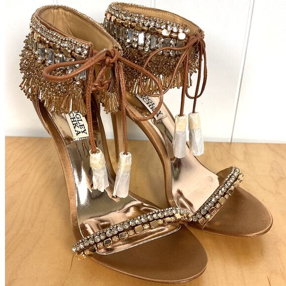 Badgley Mischka Women's Katrina Embellished Satin Ankle-Tie High Heels Size 7 - Picture 4 of 9